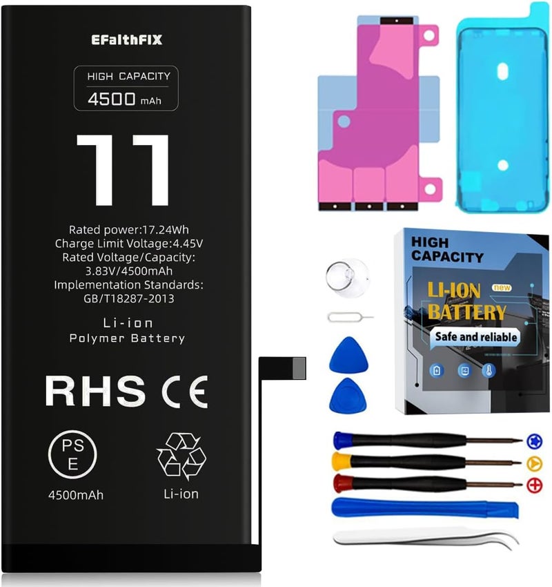 EFAITHFIX 4500mAh Upgraded Replacement Battery Compatible with iPhone 11, High Capacity New 0 Cycle A+ Battery Replacement for iPhone 11, for Model A2111, A2223, A2221 with Complete Repair Tool Kit - Image 1